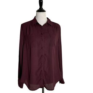 Torrid Madison Georgette Button Up Long Sleeve‎ Top Size M Burgundy Blouse